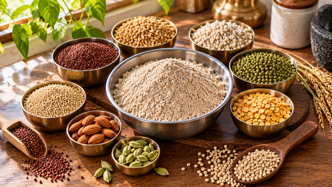 Bowls of ragi, wheat, barley, green gram, chana dal, almonds and cardamom around a bowl of multigrain sathu maavu flour