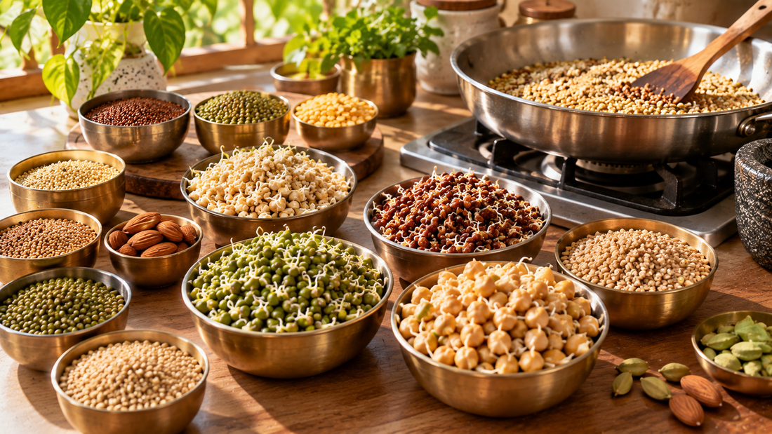 Sprouted grains and pulses drying in sunlight beside a pan of roasting grain — making health mix at home