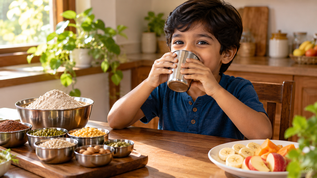 A child drinking a warm millet health mix drink from a steel tumbler at a kitchen table