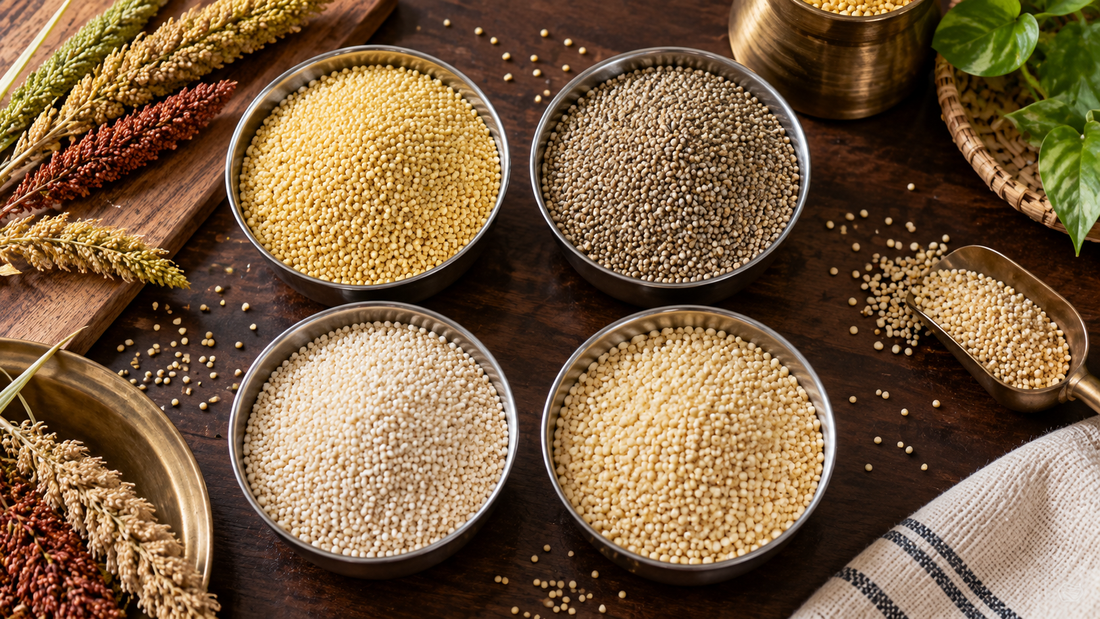 Steel bowls of raw foxtail, kodo, barnyard and little millet arranged on a wooden surface