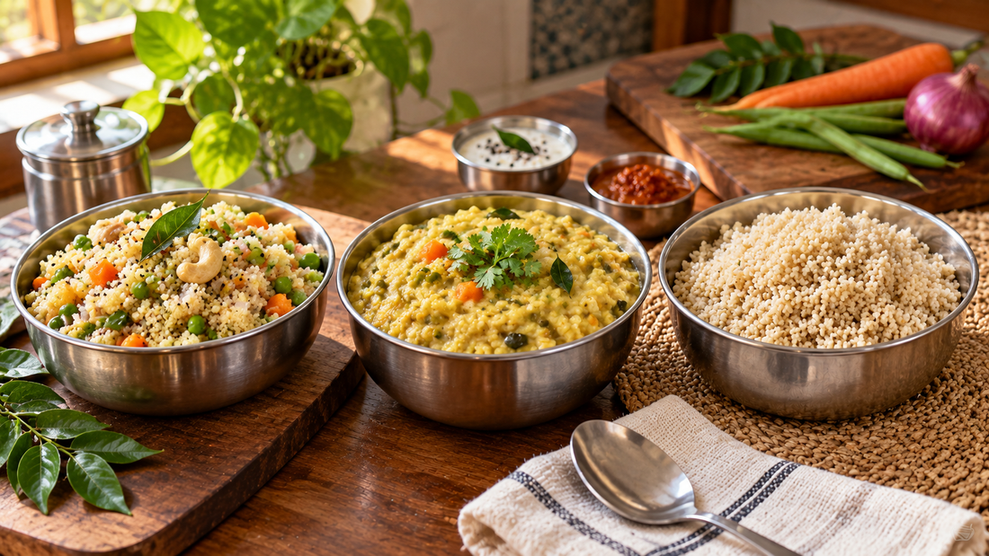Millet upma, millet khichdi and plain cooked millet served side by side in steel bowls