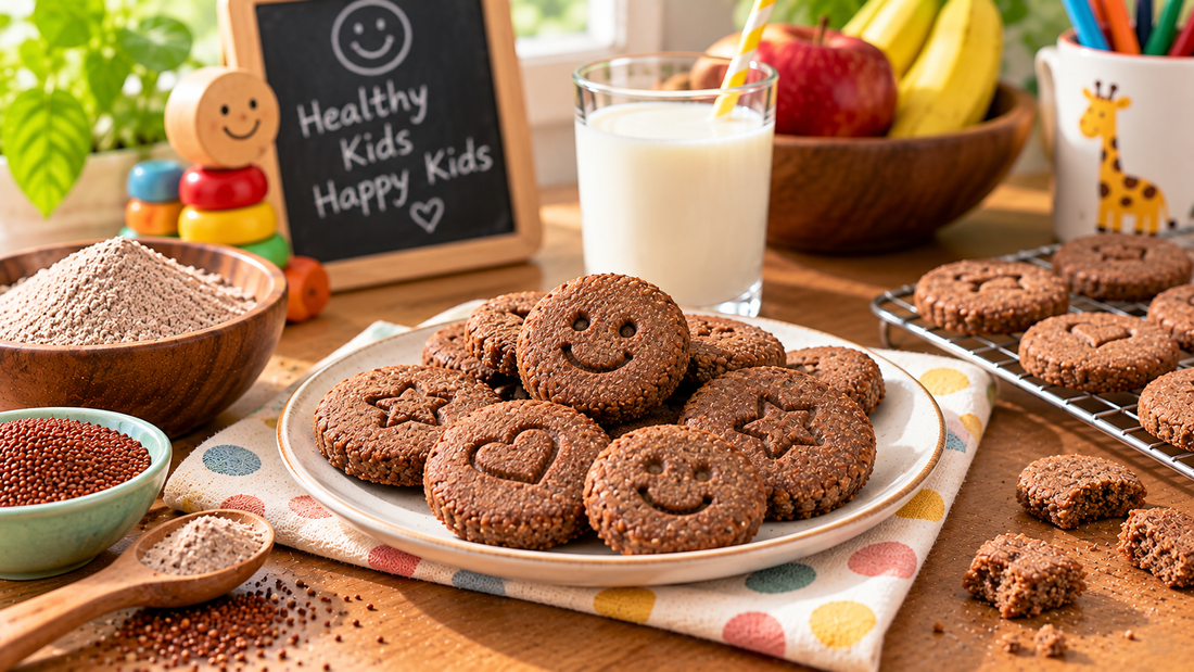 A stack of dark ragi biscuits on a plate with a bowl of ragi flour and a glass of milk