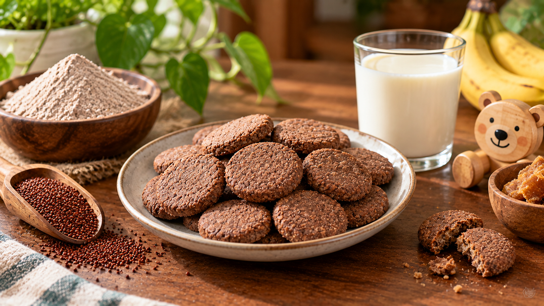 Freshly baked dark ragi biscuits cooling on a wire rack with a bowl of dough and dusted flour