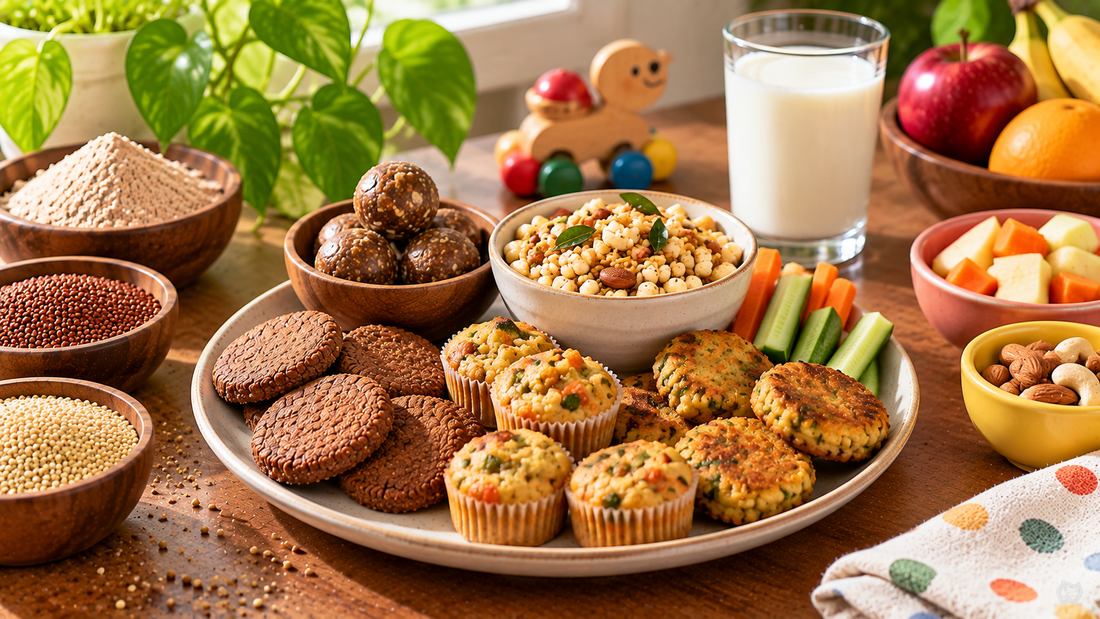 Bowls of roasted makhana, chana chaat, dry fruit laddus and sliced fruit on an Indian kitchen table at evening