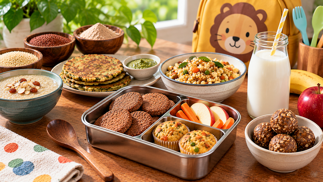 An open steel Indian tiffin box packed with rolled paratha, laddus and roasted snacks with a banana beside it