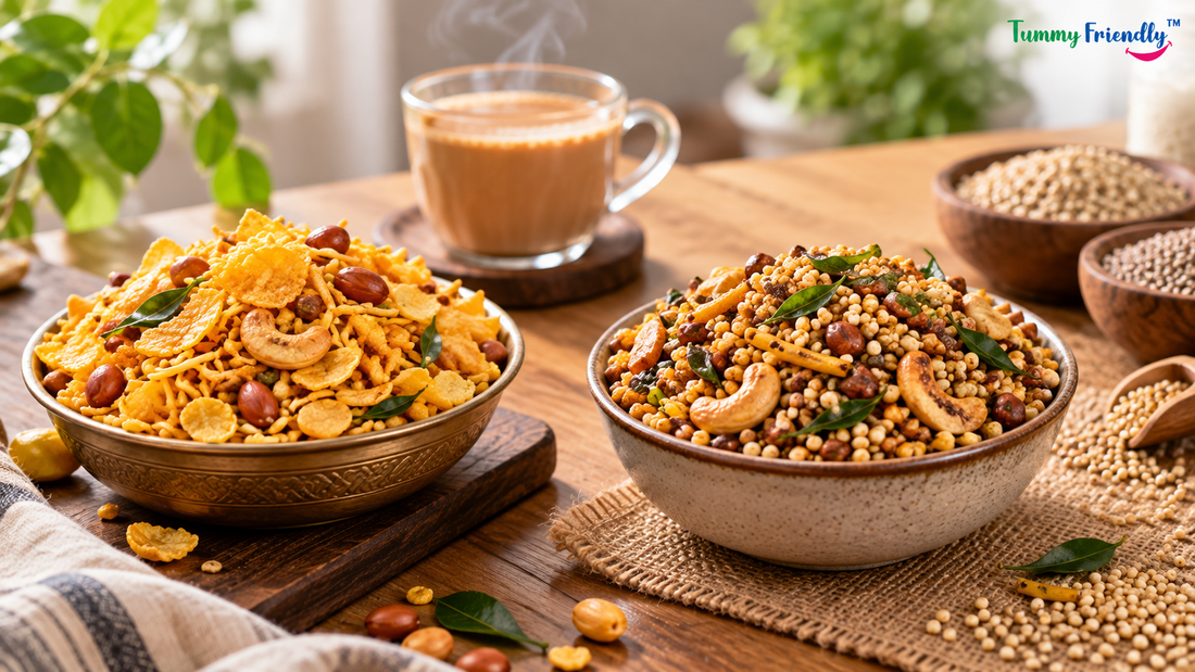 Two bowls of Indian namkeen side by side with a cup of chai — baked millet namkeen compared with fried