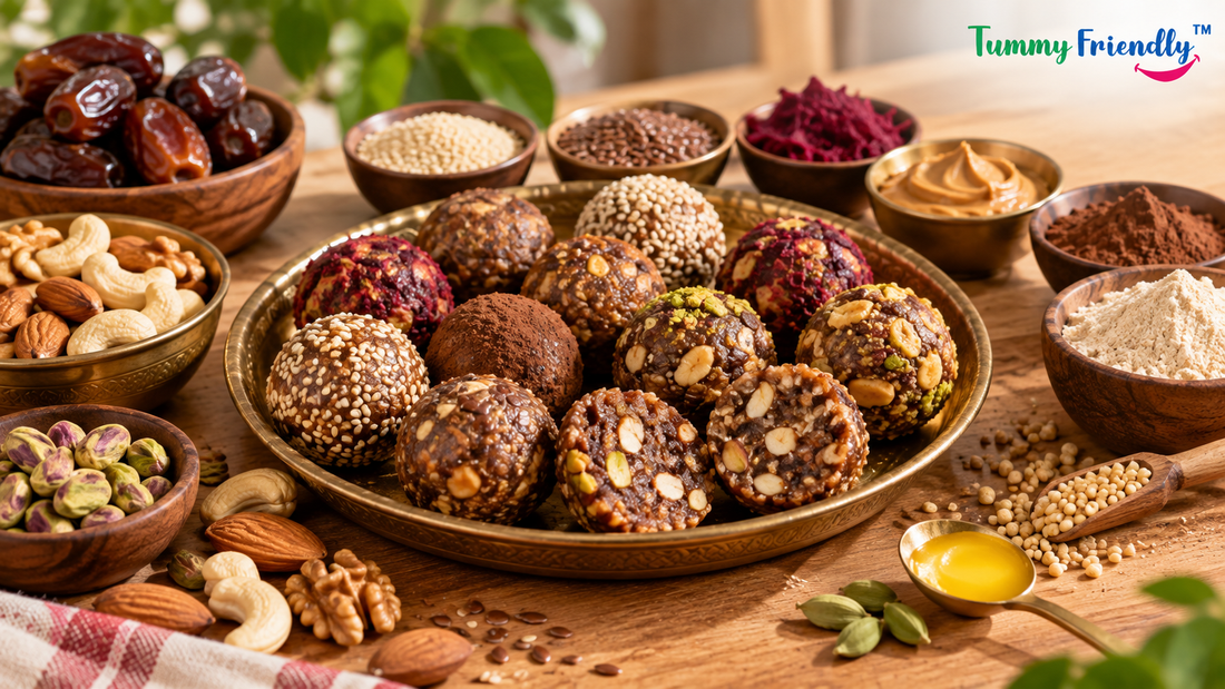 Dry fruit laddus on a brass plate, one broken open to show chopped nuts and dates inside