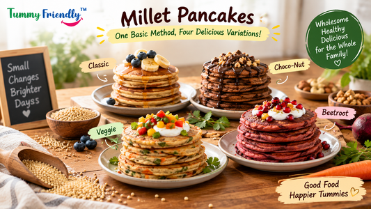 A stack of golden-brown millet pancakes topped with sliced banana, with batter and a pan behind