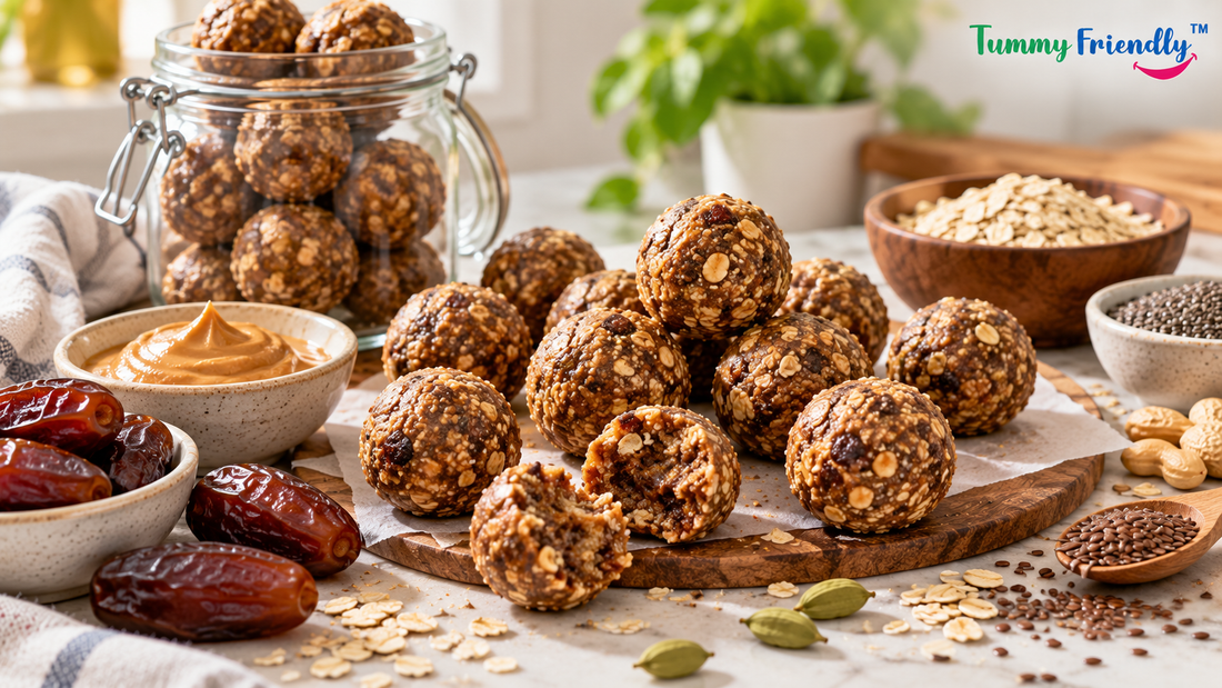 Peanut butter and oat energy balls in a glass jar and scattered on a marble surface with dates alongside