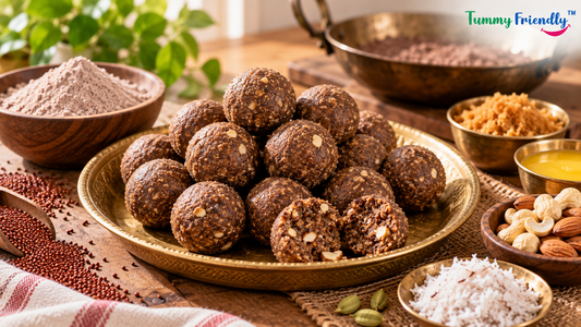 Round dark ragi laddus on a brass plate with bowls of ragi flour, grated jaggery and ghee