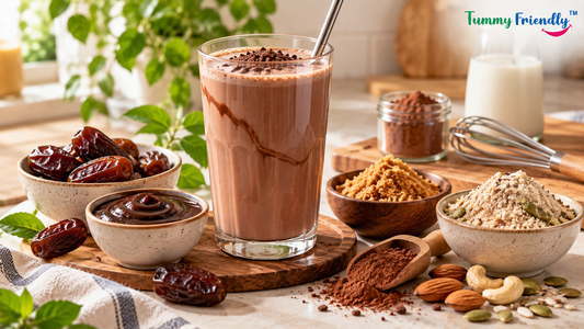 A tall glass of chocolate milk on a kitchen counter with cocoa powder, dates and a whisk beside it