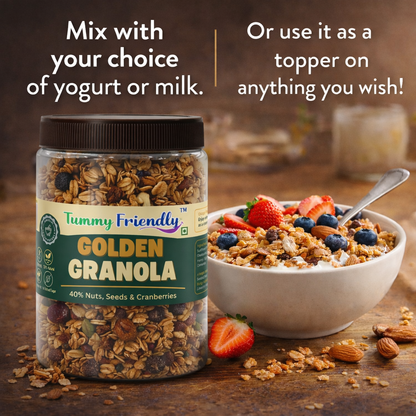 TummyFriendly Foods Golden Granola – Crunchy Oats, Nuts & Seeds | High Fiber Healthy Breakfast Cereal | Energy Boosting Snack for Fitness & Daily Nutrition