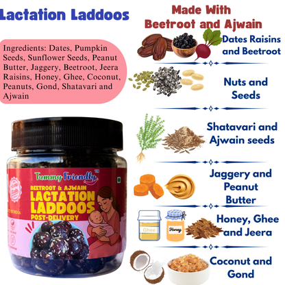 Lactation Laddoos for breastfeeding. Post-Delivery Healthy Gond Laddu with Jaggery for After Pregnancy. Postnatal Lactation Snacks Ladoo for Breastfeeding Mothers. Traditional Postpartum Nutrition Snack - Beetroot & Ajwain(250g)