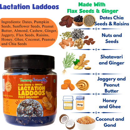 Lactation Laddoos for breastfeeding. Post-Delivery Healthy Gond Laddu with Jaggery for After Pregnancy. Postnatal Lactation Snacks Ladoo for Breastfeeding Mothers. Traditional Postpartum Nutrition Snack - Flax Seeds and Ginger(250g)