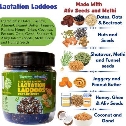 Lactation Laddoos for breastfeeding. Post-Delivery Healthy Gond Laddu with Jaggery for After Pregnancy. Postnatal Lactation Snacks Ladoo for Breastfeeding Mothers. Traditional Postpartum Nutrition Snack - AlivSeeds and Methi(250g)