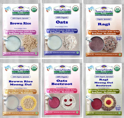 Stage1 & 2 Trial Packs- 6 Packs, 50 grams Each Variety – Certified Organic Porridge Mixes