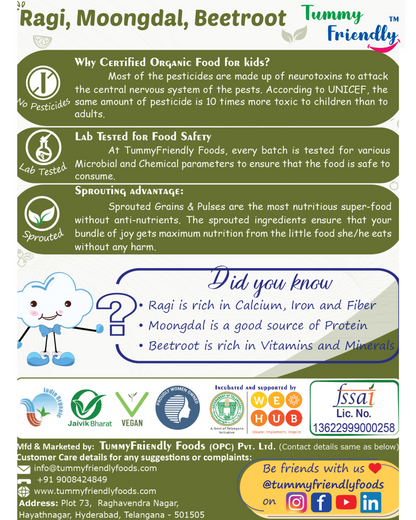 100% Organic Sprouted Ragi, Moong Dal, Beetroot Porridge Mix