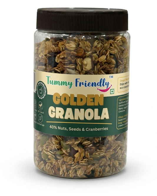 TummyFriendly Foods Golden Granola – Crunchy Oats, Nuts & Seeds | High Fiber Healthy Breakfast Cereal | Energy Boosting Snack for Fitness & Daily Nutrition