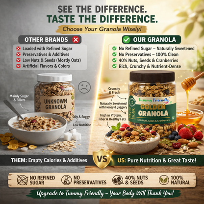 TummyFriendly Foods Golden Granola – Crunchy Oats, Nuts & Seeds | High Fiber Healthy Breakfast Cereal | Energy Boosting Snack for Fitness & Daily Nutrition