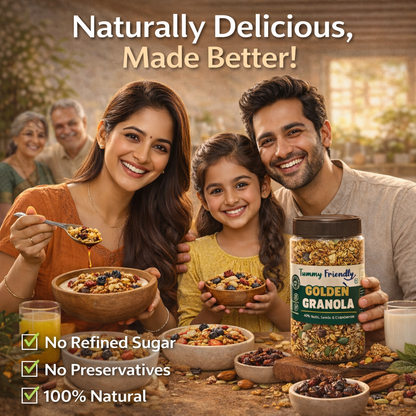 TummyFriendly Foods Golden Granola – Crunchy Oats, Nuts & Seeds | High Fiber Healthy Breakfast Cereal | Energy Boosting Snack for Fitness & Daily Nutrition