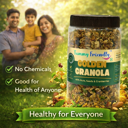TummyFriendly Foods Golden Granola – Crunchy Oats, Nuts & Seeds | High Fiber Healthy Breakfast Cereal | Energy Boosting Snack for Fitness & Daily Nutrition