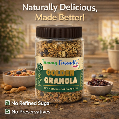 TummyFriendly Foods Golden Granola – Crunchy Oats, Nuts & Seeds | High Fiber Healthy Breakfast Cereal | Energy Boosting Snack for Fitness & Daily Nutrition